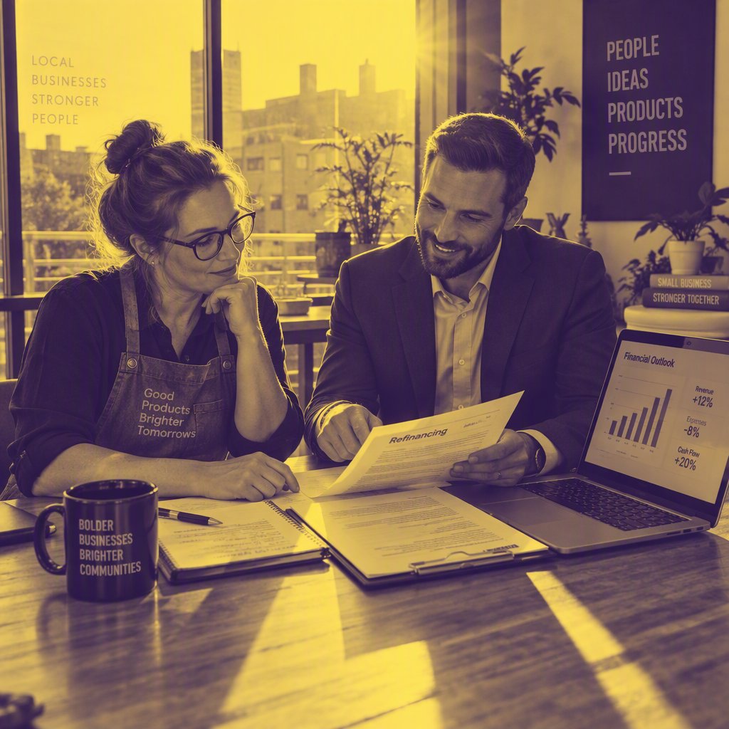 Small business owner and financial advisor reviewing refinancing options