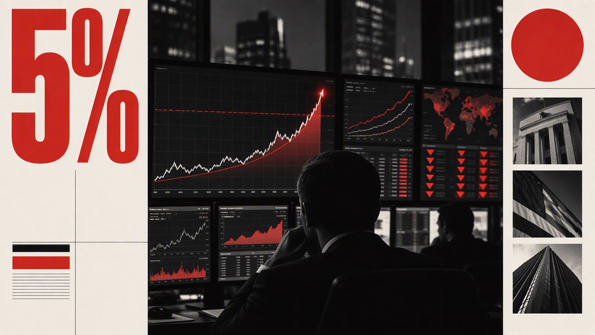 Yield curve breaking through five percent on a wall of trading monitors