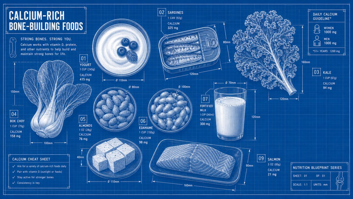 Grocery flat-lay of calcium-rich foods: yogurt, sardines, kale, almonds, fortified milk