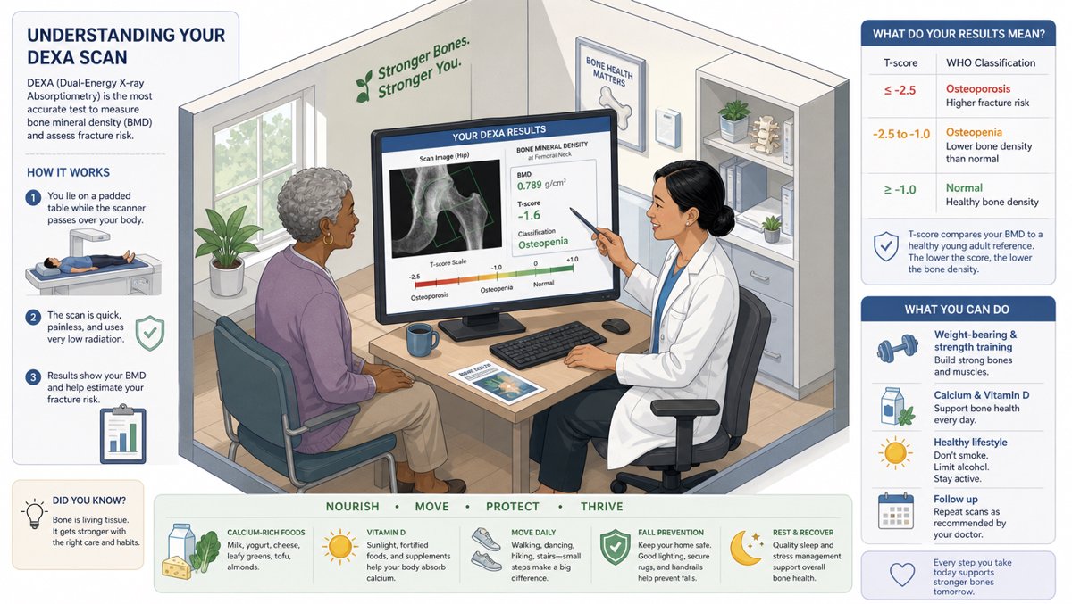 Older adult and doctor reviewing a bone density DEXA scan together