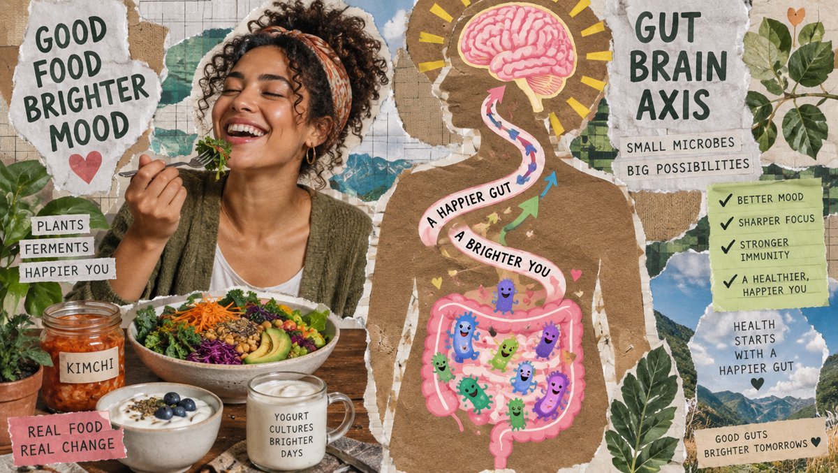 Clean health illustration of the gut-brain axis β a person eating a colorful plant-forward meal, friendly gut microbes connected to a glowing brain