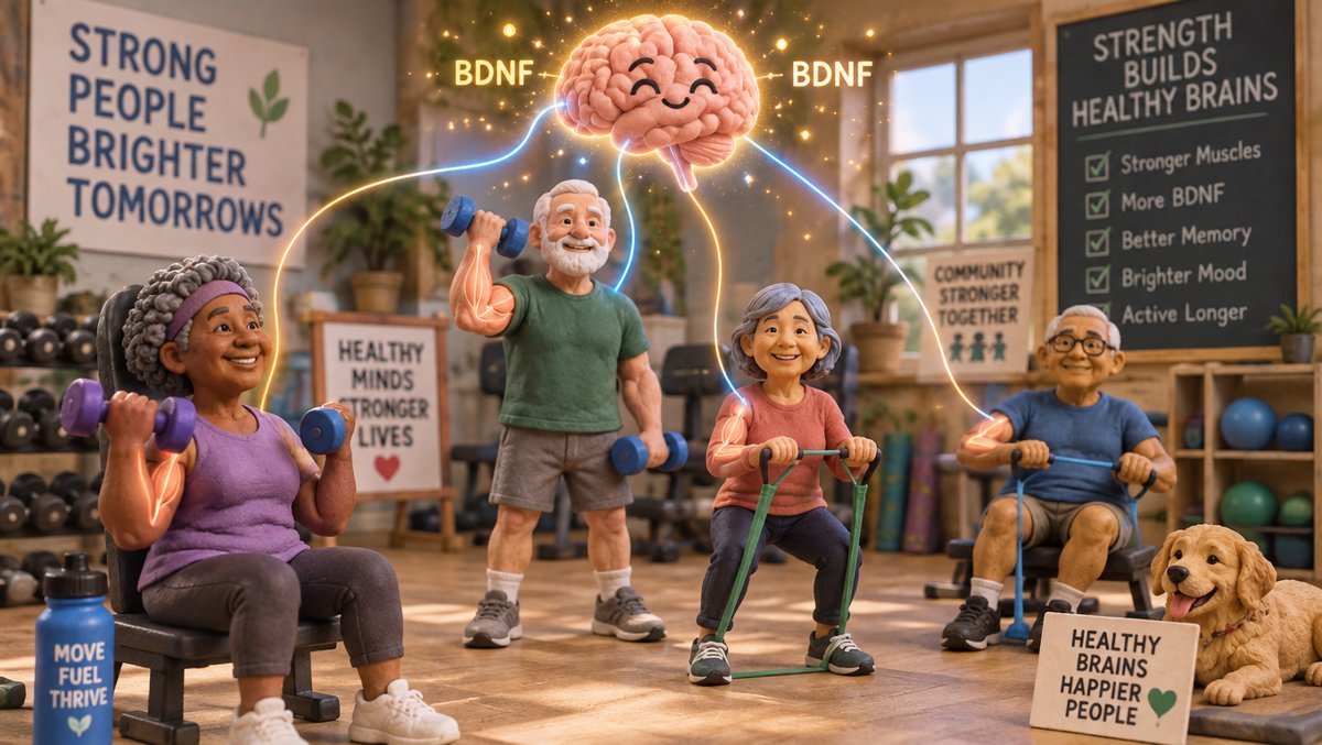 Clean health illustration of diverse older adults strength training in a bright gym, with glowing connection lines from muscles to a happy brain