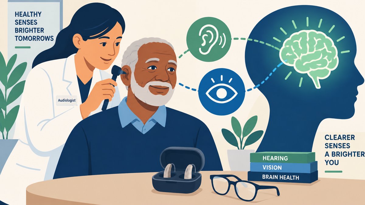 Clean health illustration of an older adult getting a friendly hearing test, with connection lines from ears and eyes to a glowing brain