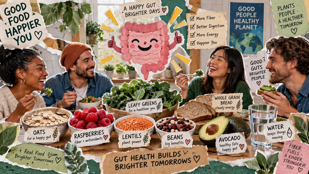 A colorful fiber-rich feast β oats, berries, lentils, beans, leafy greens and a glass of water β with a happy gut character giving a thumbs up