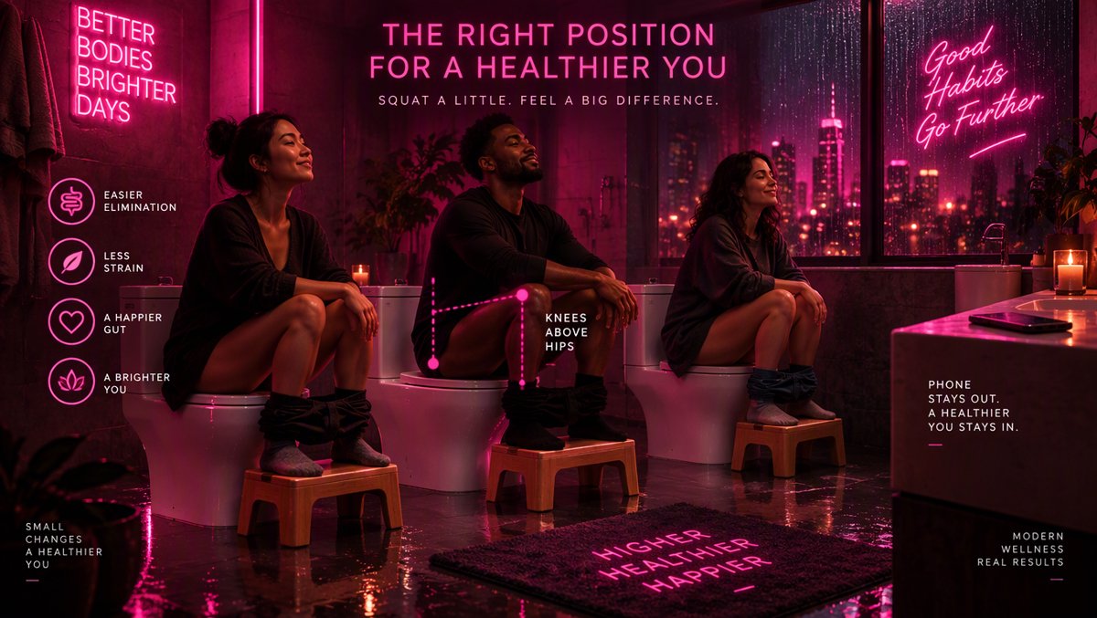 Diverse people demonstrating correct toilet posture β feet elevated on a small wooden step stool, knees above hips, phone set aside on the counter