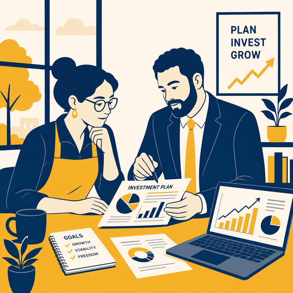 Actionable advice scene — advisor and client reviewing investment documents in natural light