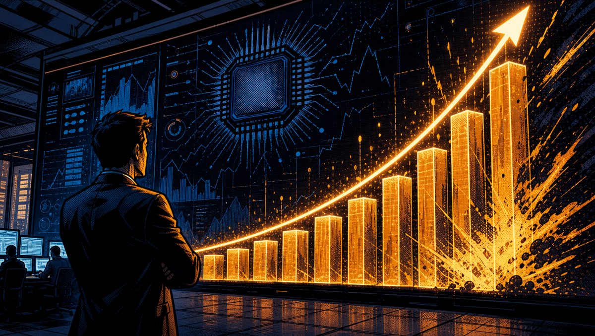 Data visualization scene — glowing bar charts doubling year over year on a dark trading terminal wall