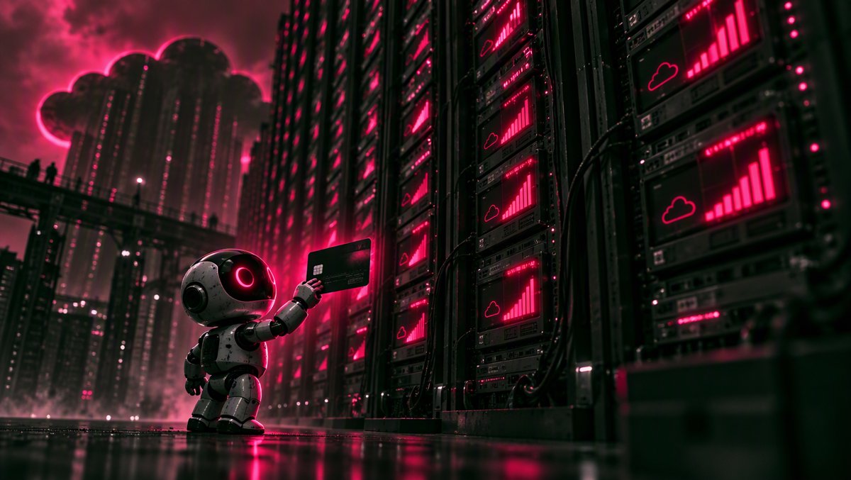 A robot hand holding a credit card before a wall of glowing server racks with red usage meters
