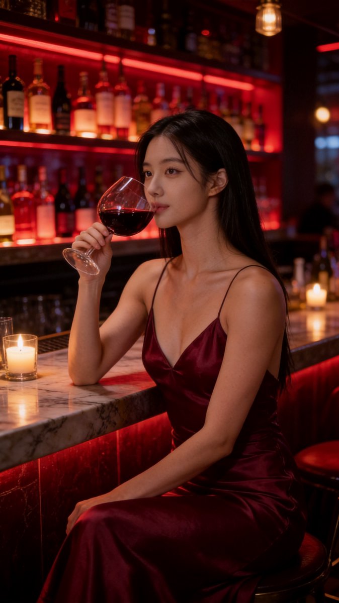 Cindy sipping Malbec at a candlelit marble wine bar in Buenos Aires
