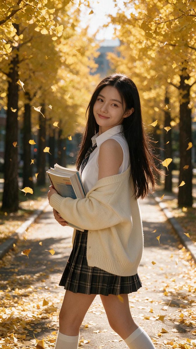 Cindy under falling ginkgo leaves on the PKNU campus path