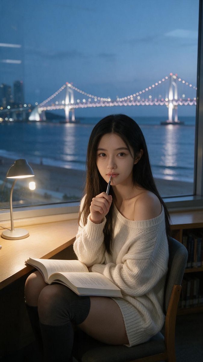 Cindy studying by the window at dusk with Gwangan Bridge lights outside