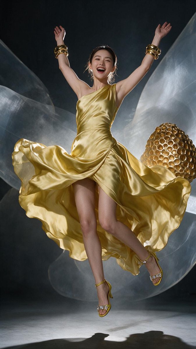 Monica mid-air in a sculptural butter-yellow satin gown with train, leaping under a dramatic spotlight in a dark studio