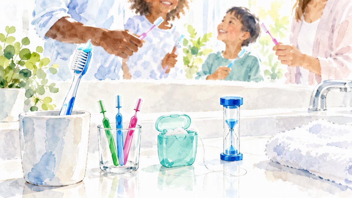 Clean infographic-style illustration of dental hygiene tools: toothbrush, fluoride toothpaste, interdental brushes, and dental floss on a bathroom counter