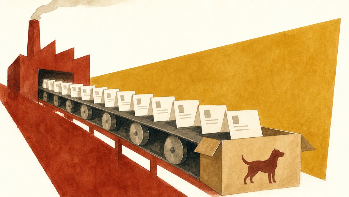 Retro travel-poster of a factory conveyor belt carrying identical job listing cards