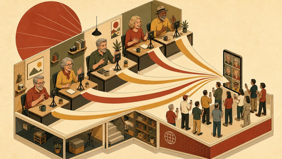Retro travel-poster of older creators filming short videos on phones