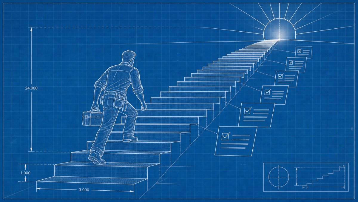 Retro travel-poster of a builder climbing a staircase of small repeated steps toward the sun