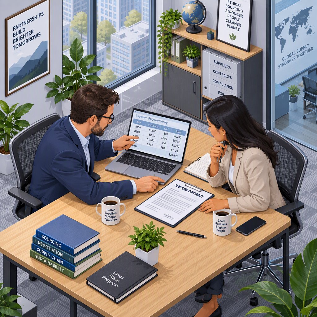 Two business professionals reviewing supplier contract pricing at an office table