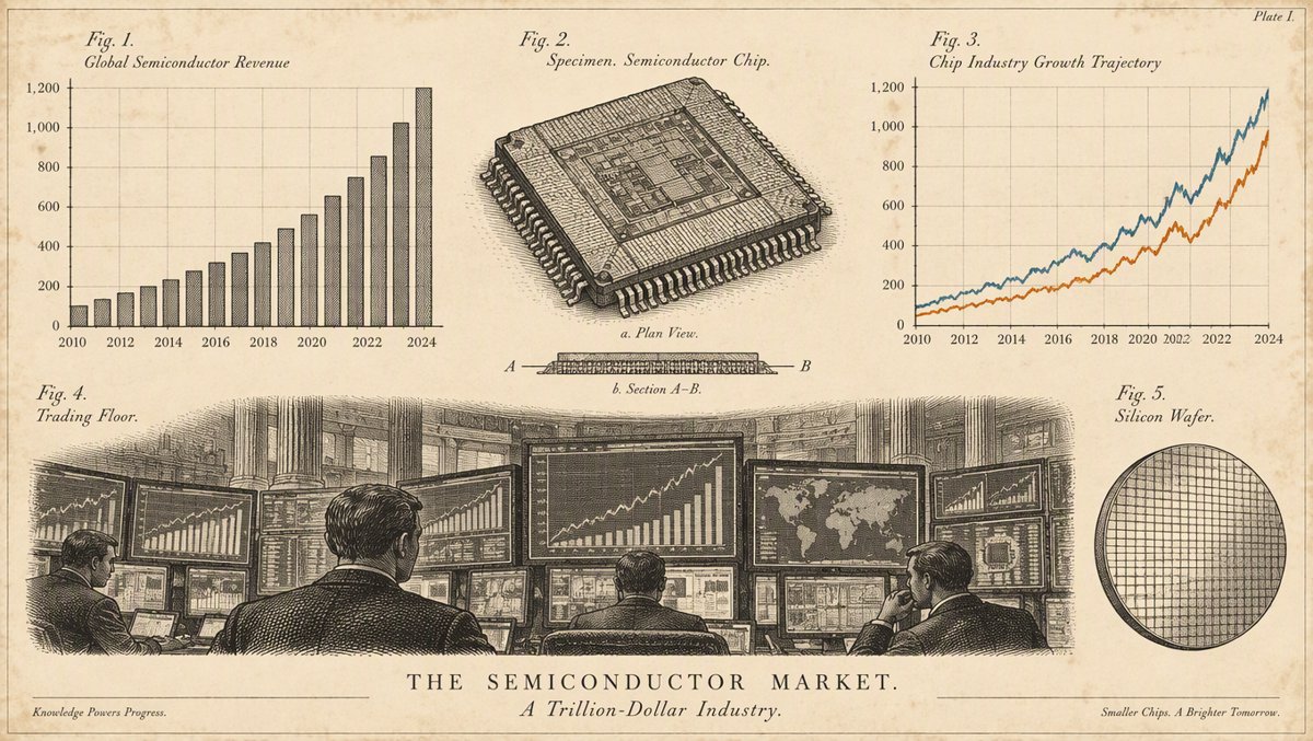 Dark-mode financial dashboards showing the chip industry's revenue climb