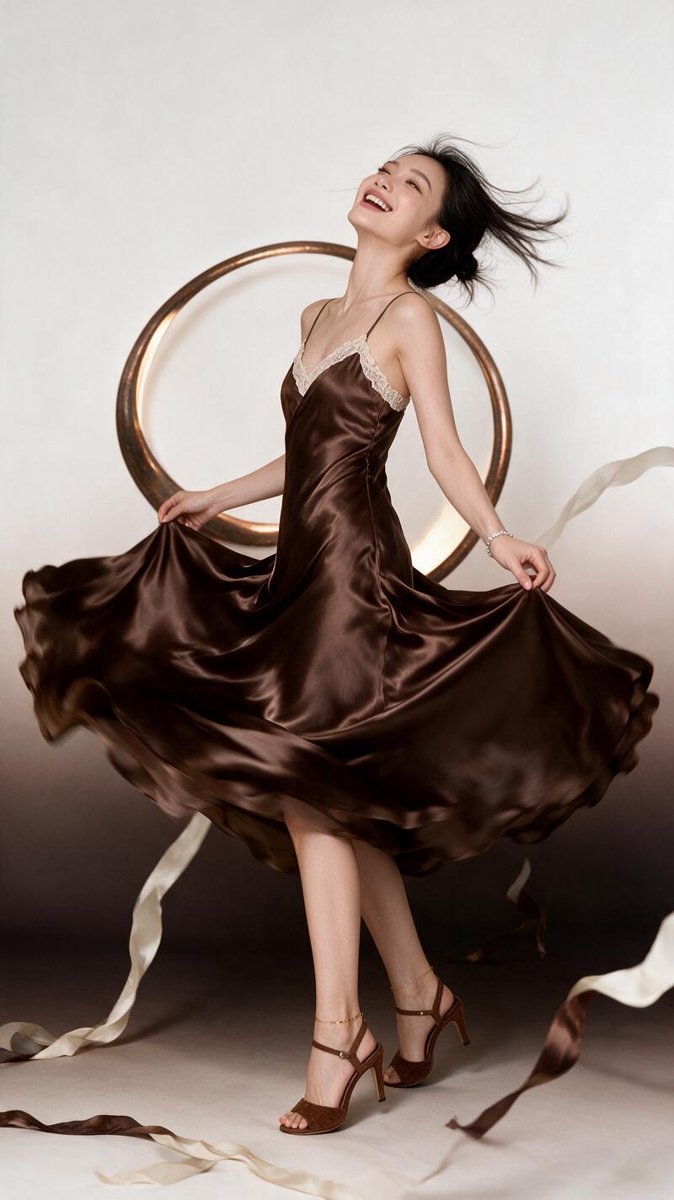 Monica twirling in a liquid chocolate satin slip gown with ivory lace trim against a gradient studio backdrop