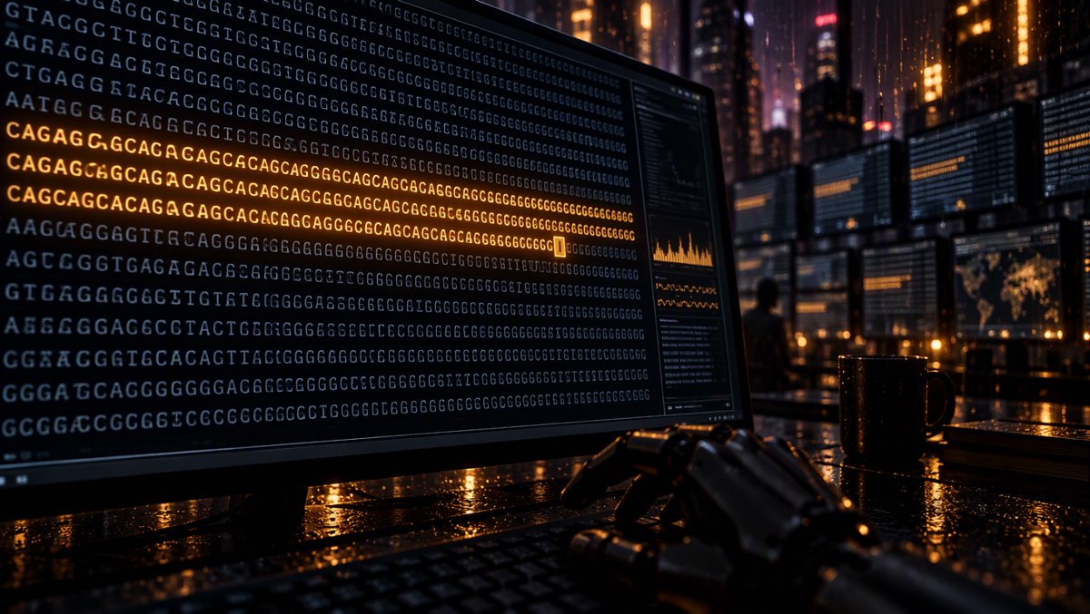 Raw DNA sequence visualization with a glowing tandem repeat pattern spotted by an AI agent