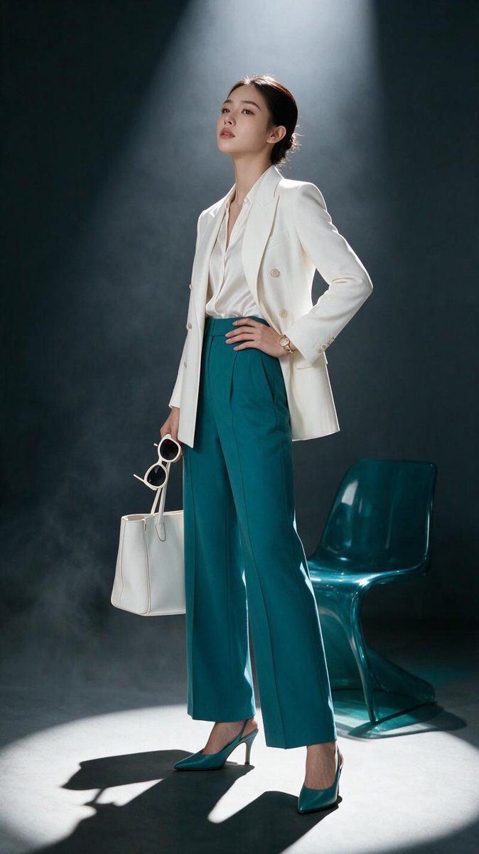 Monica in white tailored blazer and teal wide-leg trousers in dramatic studio spotlight