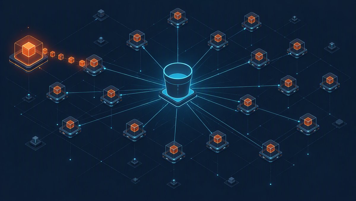 Concept illustration of distributed Durable Objects: replicated cells across a network mesh, coordinated through one object-storage bucket