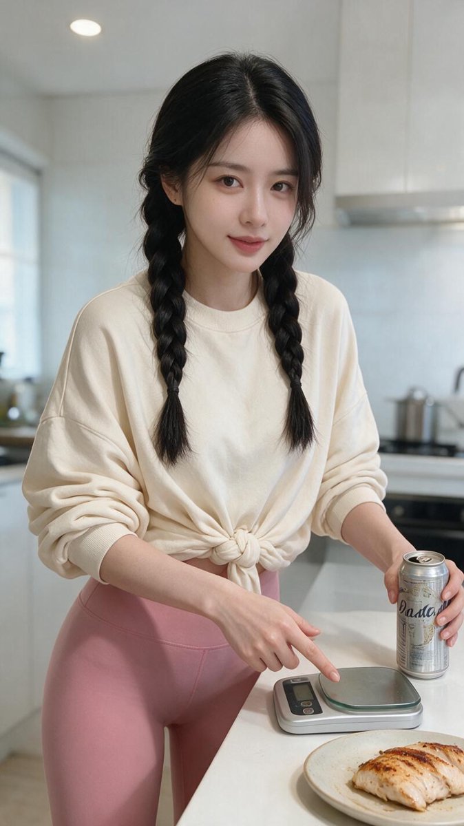 Coco在厨房对比啤酒与蛋白餐