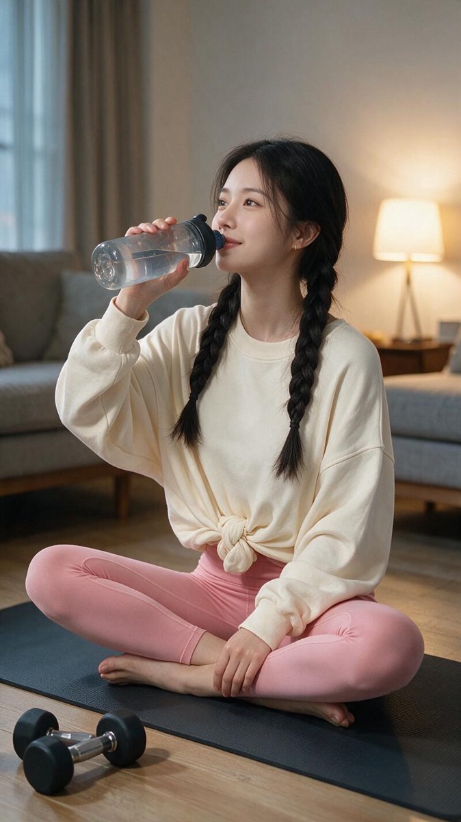 Coco在客厅瑜伽垫喝水恢复
