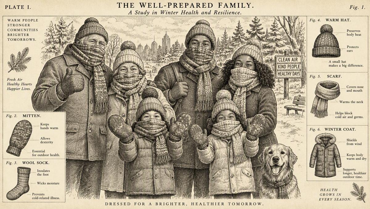 Happy family bundling up in winter coats, scarves over noses, hats and mittens before heading into the snow