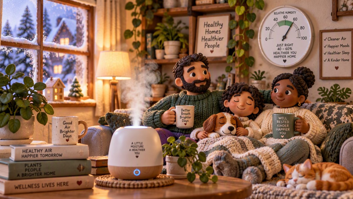 Cozy home interior with a humidifier adding moisture to heated winter air