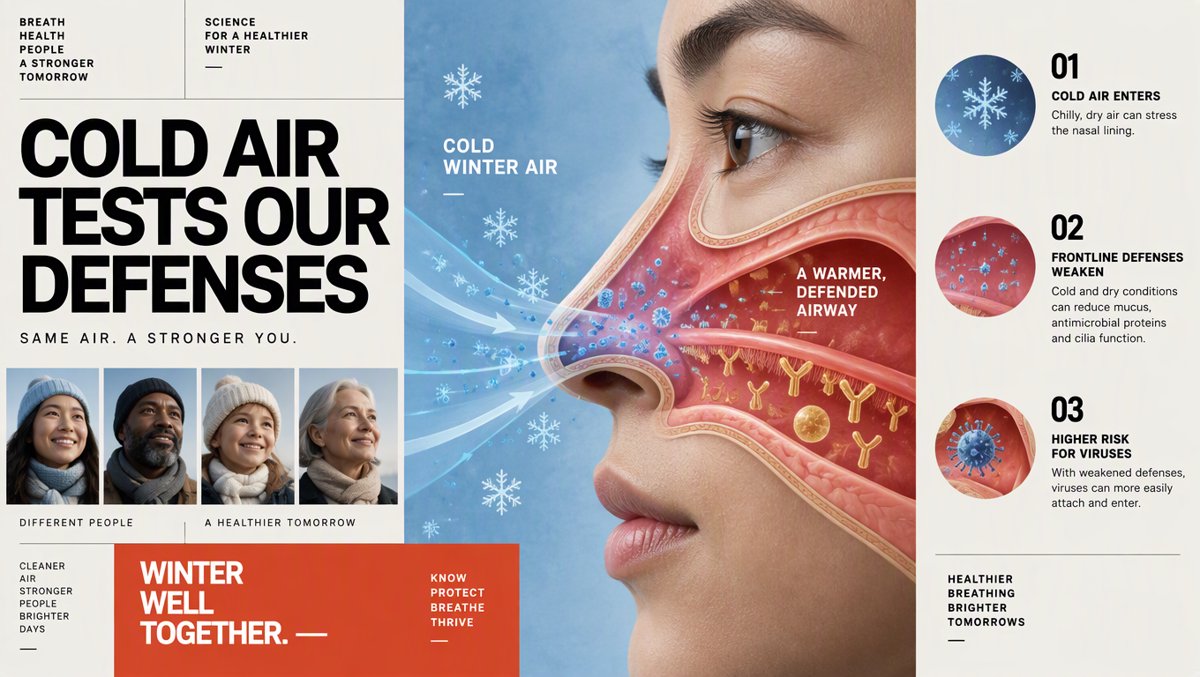 Illustration of cold winter air entering the nose and weakening its frontline antiviral defenses
