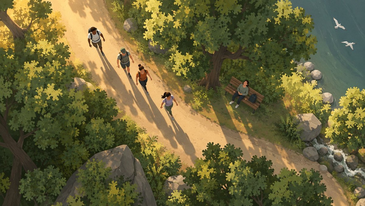 Friends walking a sunlit forest trail during a 20-minute nature break