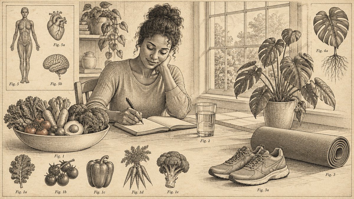 A person journaling peacefully in a bright, plant-filled kitchen