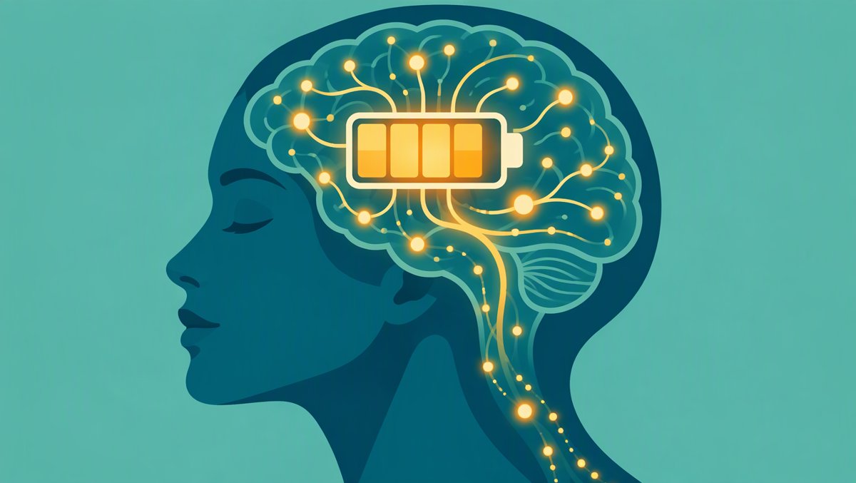 Illustration of a glowing neural battery inside a human brain