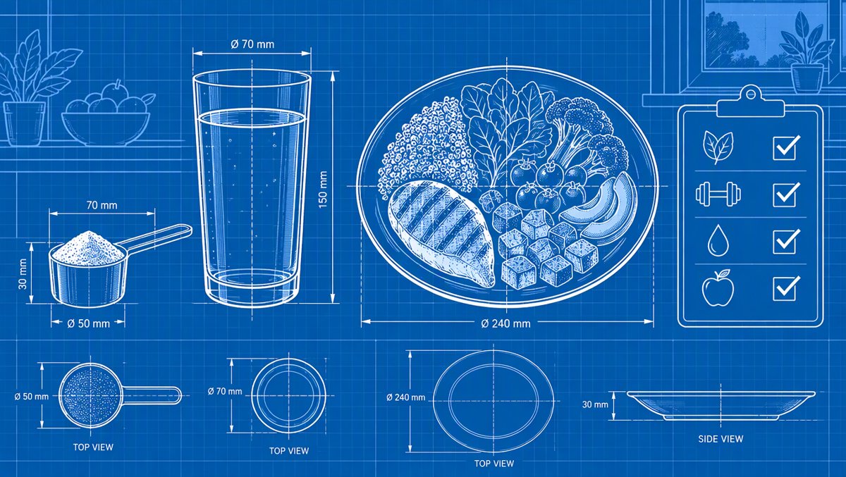 Illustration of a supplement scoop next to a glass of water and a balanced colorful meal