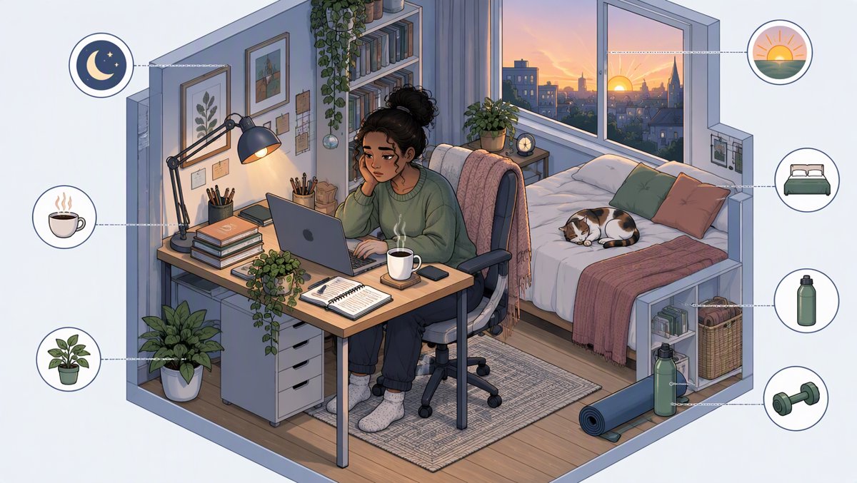 Illustration of a tired young woman working late at night with a laptop and coffee
