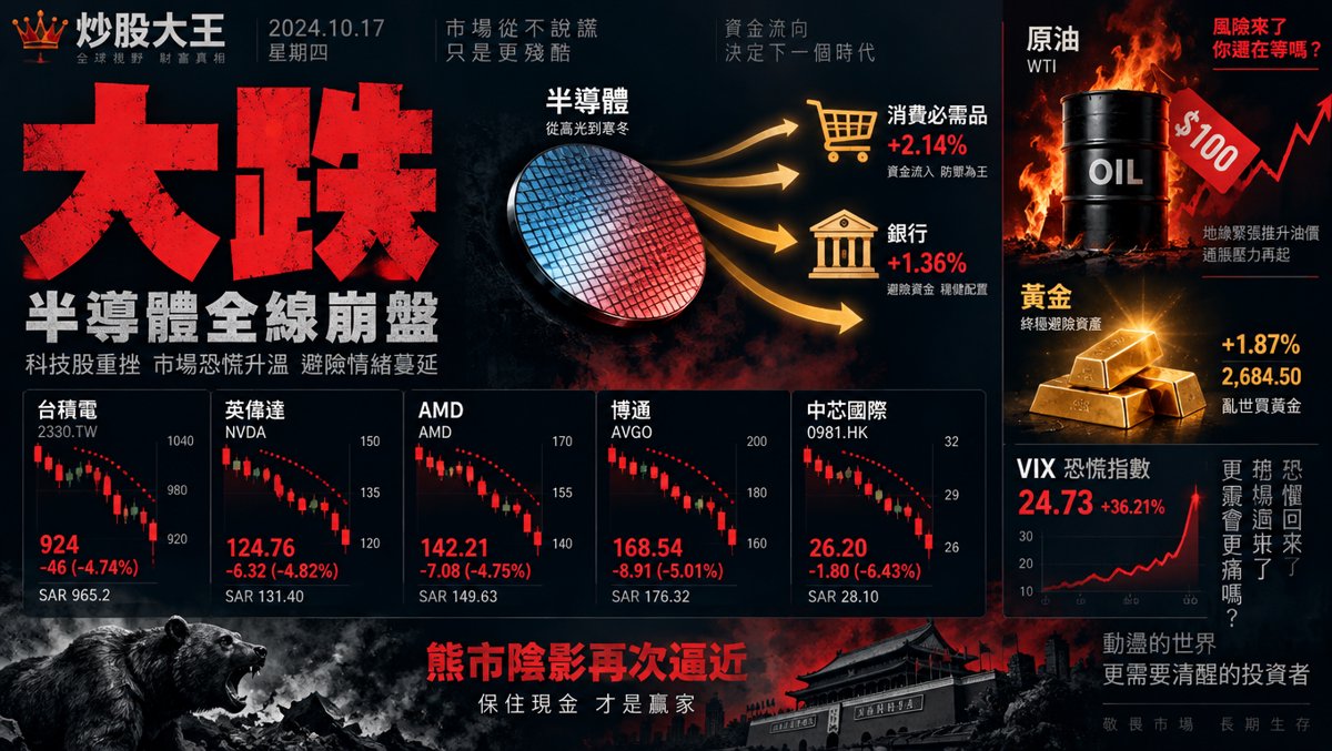 🔴 散戶每日指南：五檔晶片跳空低開後「低開沒回頭」的一天——MU/INTC/AVGO 開盤價貼著全日高點、五檔平均跳空 −1.87%，0 牛 5 熊第 4 天首次零近翻燈（NVDA +12.21% 已是最短逃生梯），油價破 $100、VIX 飆 21%，半導體 YTD +101.62% 對決 Mag7 +6.53% 的績效鴻溝 — 10 月 16, 2026