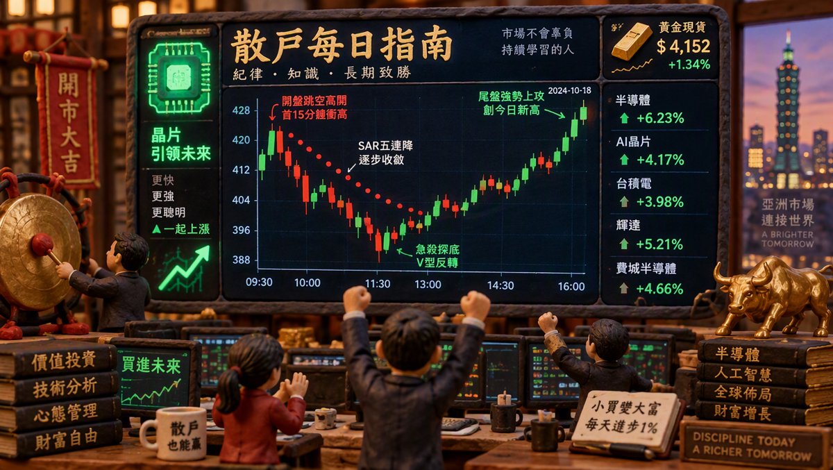 🟢 散戶每日指南：跳空全紅、首刻鐘定生死、尾盤翻多的三幕劇——MU/INTC 開盤 15 分鐘刻下全日高低點、NVDA/AMD 卻在 15:45 刷新全日高，五檔平均跳空 +2.06% 收盤全綠，0 牛 5 熊第 7 天五牆單日全數收縮（AMD 單日塌陷 5.79 個百分點領縮、NVDA +5.93% 仍是最短逃生梯），META 盤後暴漲 4.11% 替 AI 貿易添柴，半導體 YTD +109.35% 對決 Mag7 +8.16% 的績效鴻溝 — 10 月 21, 2026