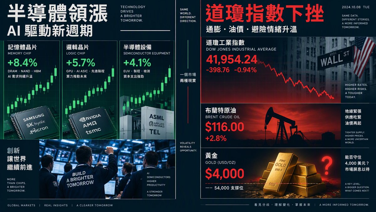 🟡 散戶每日指南：平開 +0.06% 後首刻鐘五檔齊跳——全日低點全刻在 09:30–09:35、MU 一刻鐘 +2.18% 領跑，晶片三紅二黑首度頂住 $116 油價與道指 −653 點的全熊第 9 天（五牆平均塌至 9.89%、INTC +8.94% 最短扳機）；黃金回測 $4,000 之際，半導體 YTD +98.10% 對決 Mag7 +4.45% 的績效鴻溝 — 10 月 23, 2026