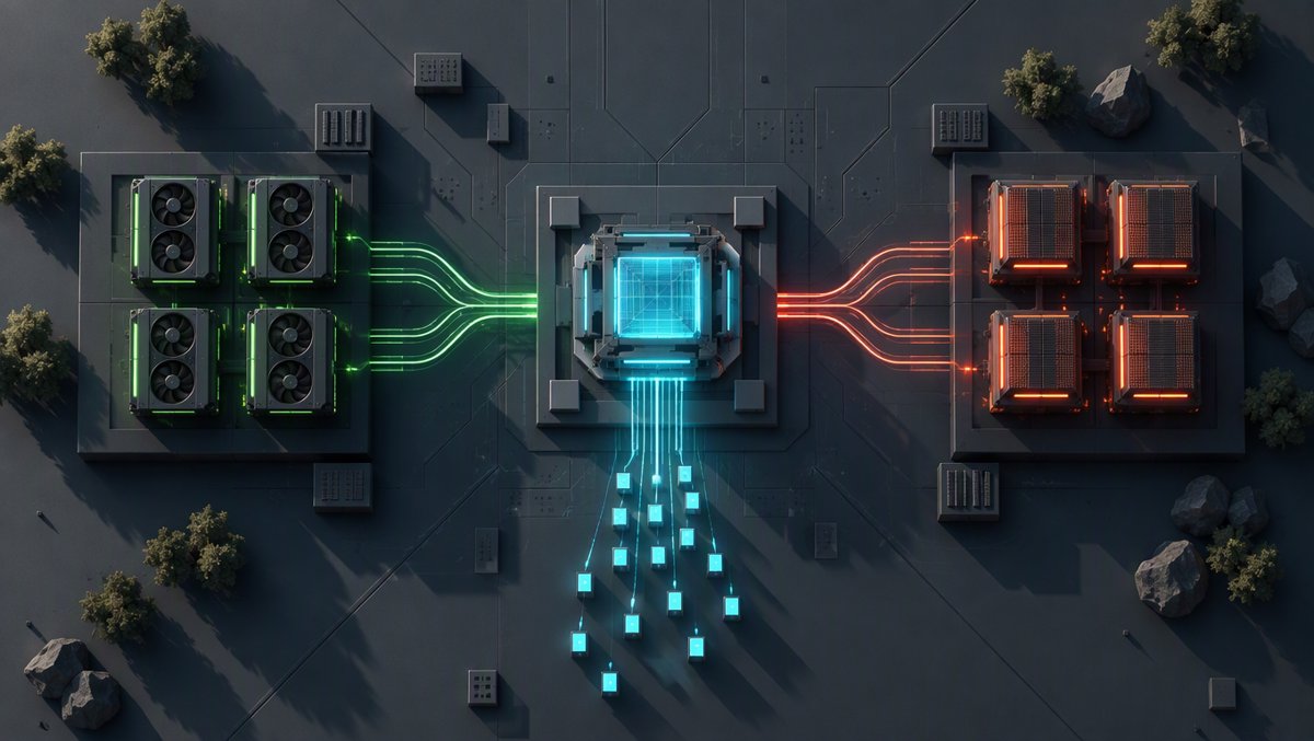 Isometric illustration of a unified inference engine core fed by two accelerator paths — a green GPU cluster and a red-amber NPU array — converging into one glowing cyan engine