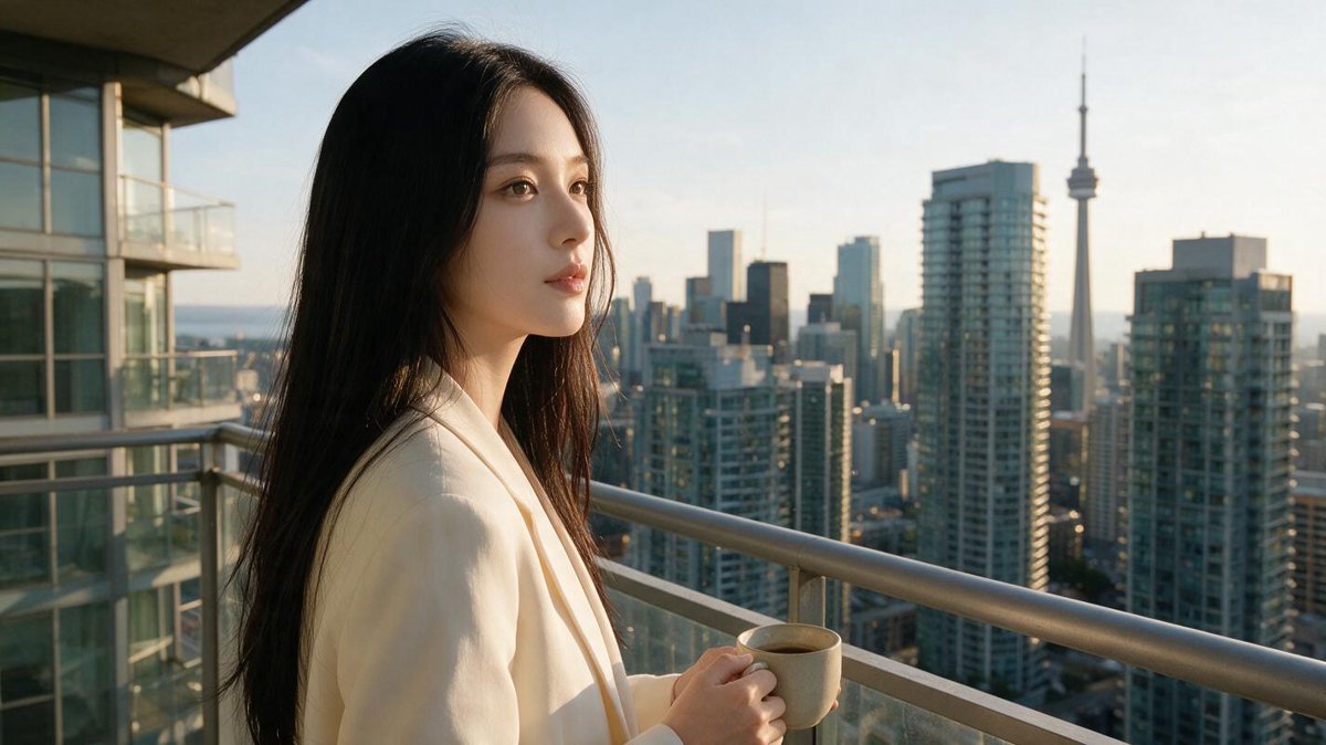 Ava on a downtown balcony at golden hour with the Toronto skyline behind her