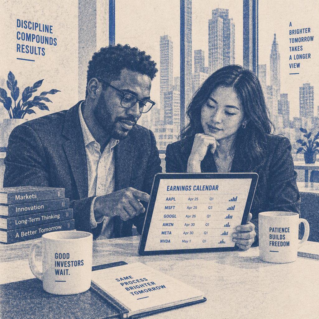 Two business professionals calmly reviewing an earnings calendar in a sunlit office