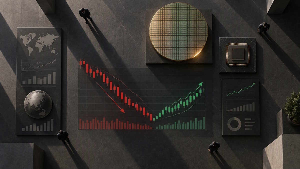 Data visualization scene — earnings week charts after a red weekly decline and green futures rebound