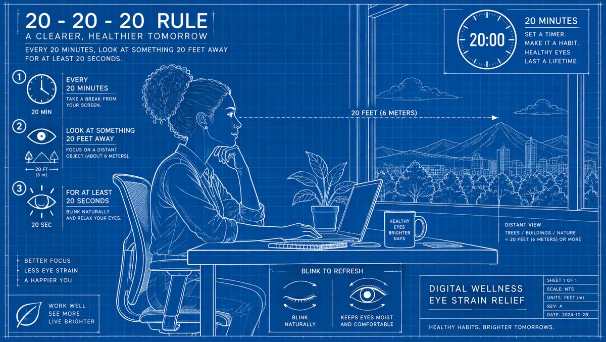 Illustration of the 20-20-20 rule: a worker at a desk looking out the window to rest tired eyes