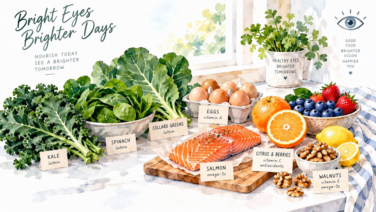 Illustration of eye-healthy foods: leafy greens, eggs, salmon, berries and walnuts arranged on a kitchen counter
