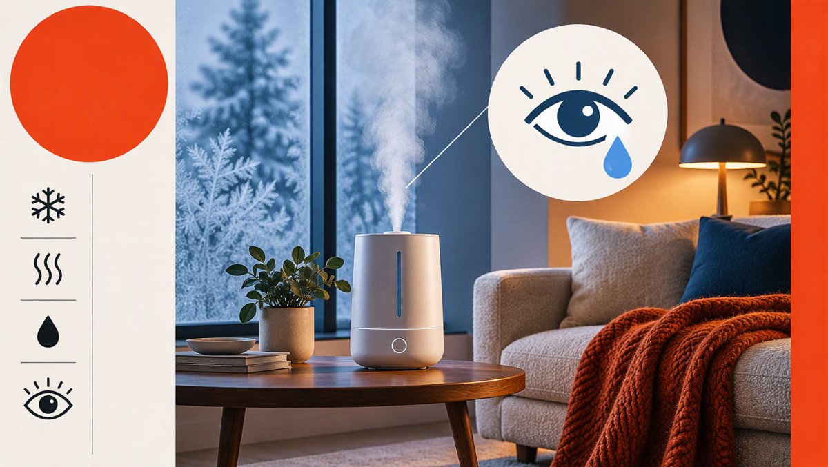 Illustration of a humidifier adding moisture to a cozy winter living room to relieve dry eyes