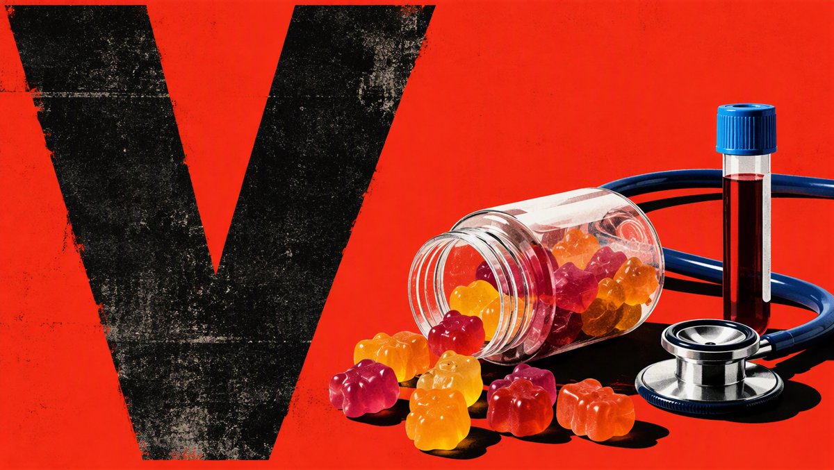 Illustration of colorful gummy hair vitamins spilling from a supplement bottle beside a stethoscope and blood test vial