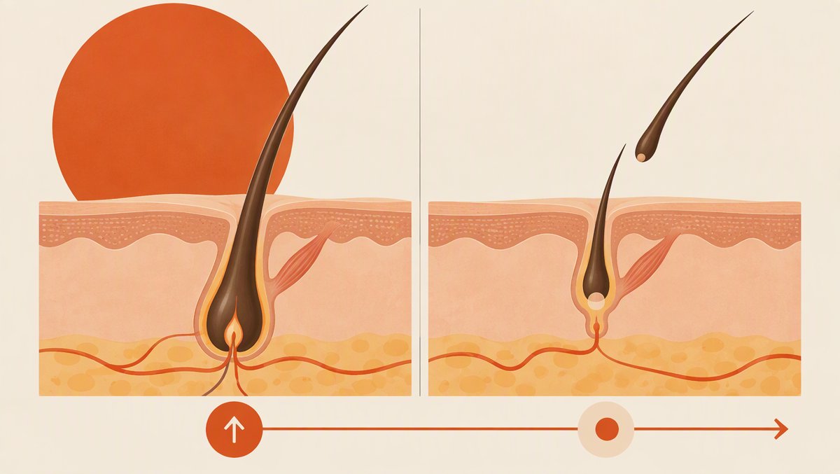 Illustration of the hair growth cycle showing the anagen growth phase, telogen resting phase, and a shed hair, in a friendly infographic style
