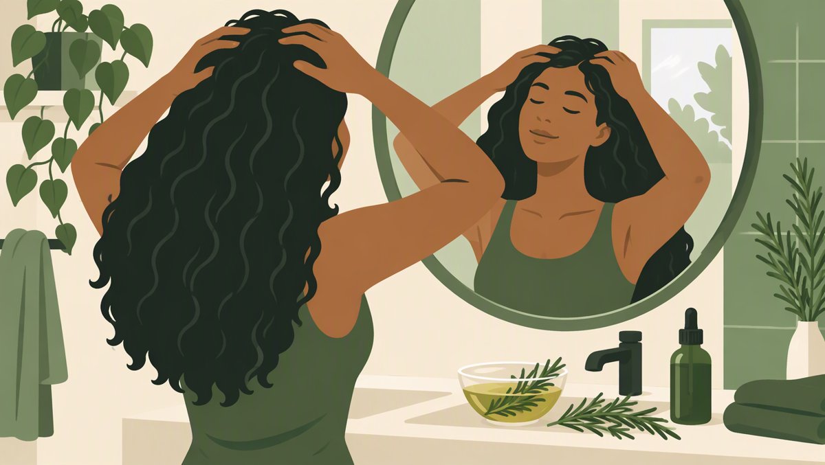 Illustration of a person massaging rosemary oil into their scalp in front of a bathroom mirror with fresh rosemary sprigs in a small bowl