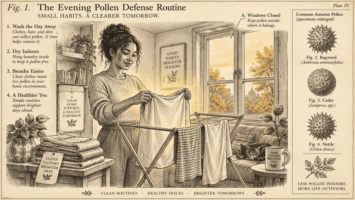 Evening pollen defense — indoor laundry drying by a closed window